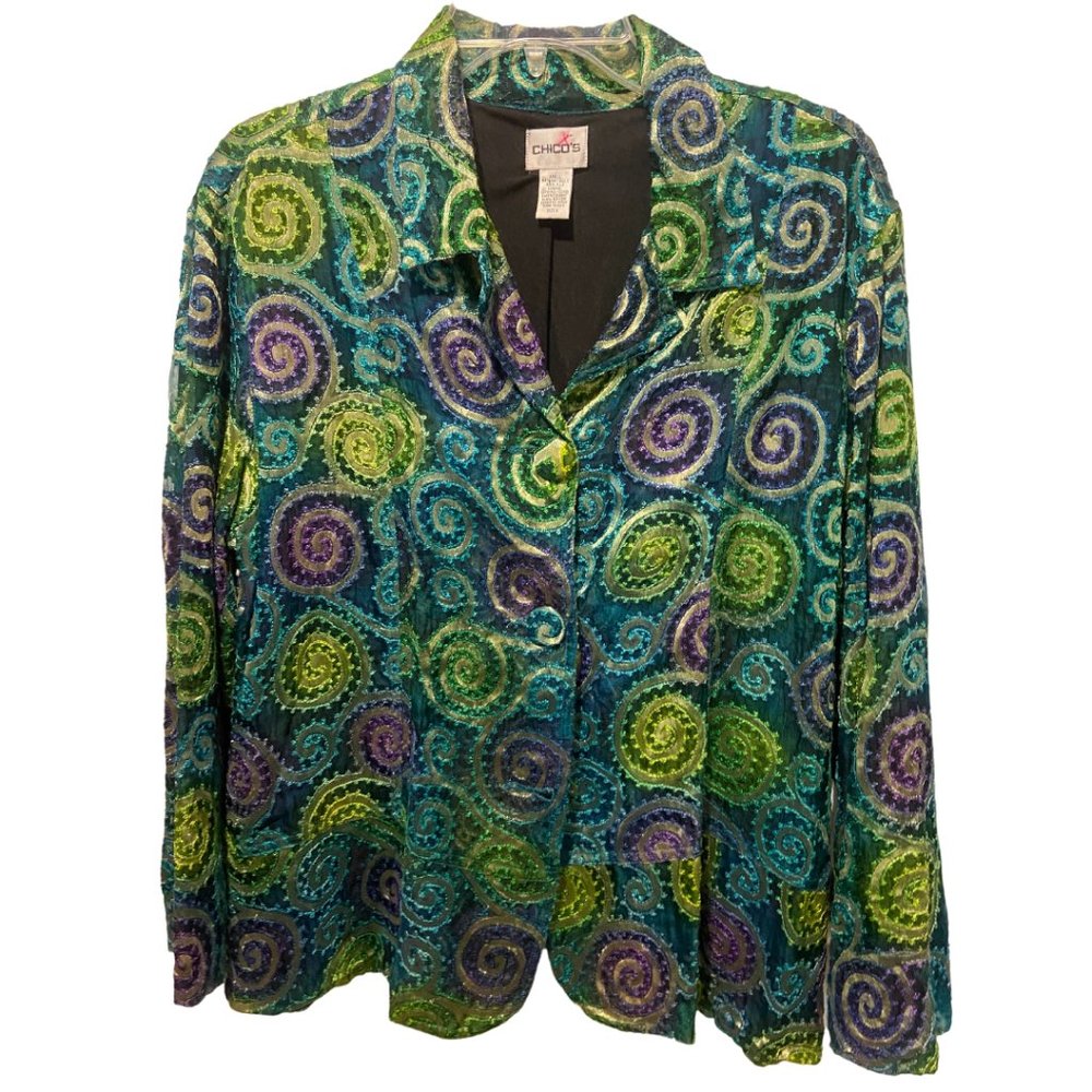 Chico's sz 2 swirls silk metallic lined jacket sz L